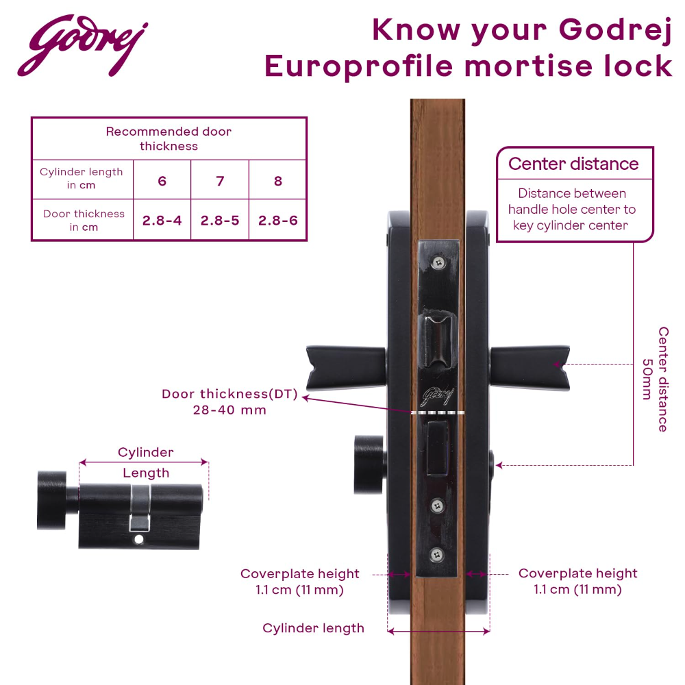 Godrej Mortise Lock I EuroProfile 60mm Cylinder | EM05 | Double Throw Deadbolt | Common Keys | Reversible Latch | Matte Black Finish | Anti-Corrosion Brass Body | 5 Year Warranty
